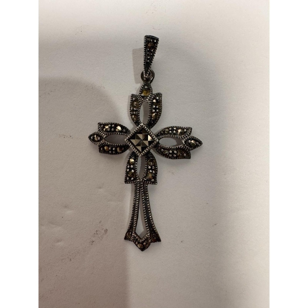 VTG 925 Sterling Silver Y2K Marcesite Whimsigoth Cross Pendant 18" Necklace - Picture 7 of 7